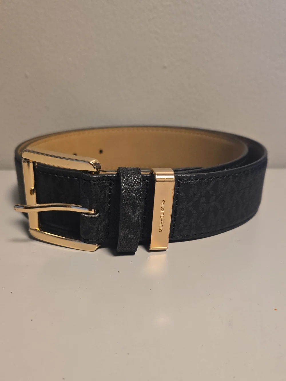 Michael Kors Black Logo Leather Belt with Gold Buckle